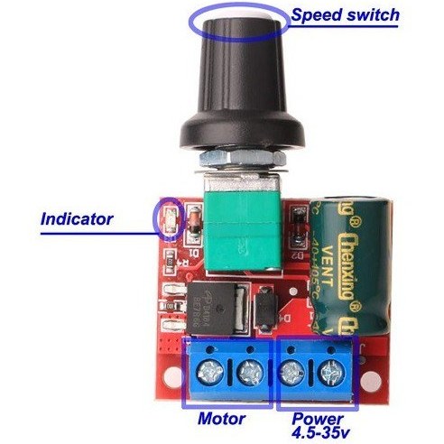 ماژول کنترل دور موتور HX-T05 با جریان ۵ آمپر و ولتاژ ۴.۵ تا ۳۵ ولت