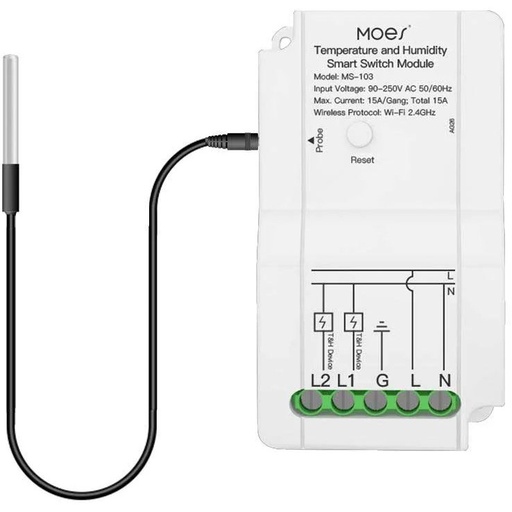 ماژول دما و رطوبت هوشمند WiFi با رله خروجی و سنسور ضد آب مخصوص برند Moes مدل KIT-WM-103T
